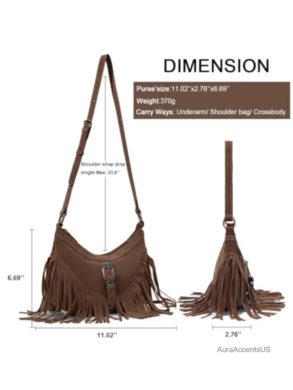 Vintage Boho Faux Suede Fringe Shoulder Bag Hobo Purse with Tassel